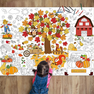Fall Coloring Poster for Kids Giant Coloring Poster Large Coloring Tablecloth Jumbo Autumn Maple Tree Leaves Pumpkin Truck Coloring Activities Books Supplies for Classroom Home Birthday Party Favor