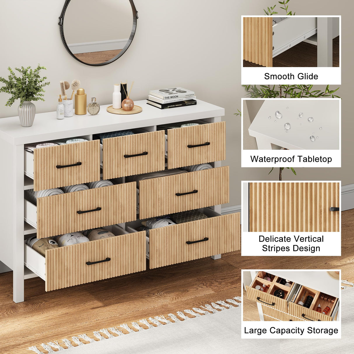 Jocoevol White Dresser 7 Drawer Dresser for Bedroom, Modern Fluted Dresser with Solid Wood Legs, Long Double Wooden Dresser Large Chest of Drawers for Living Room, Entryway, Hallway (Wood Fluted) Jocoevol