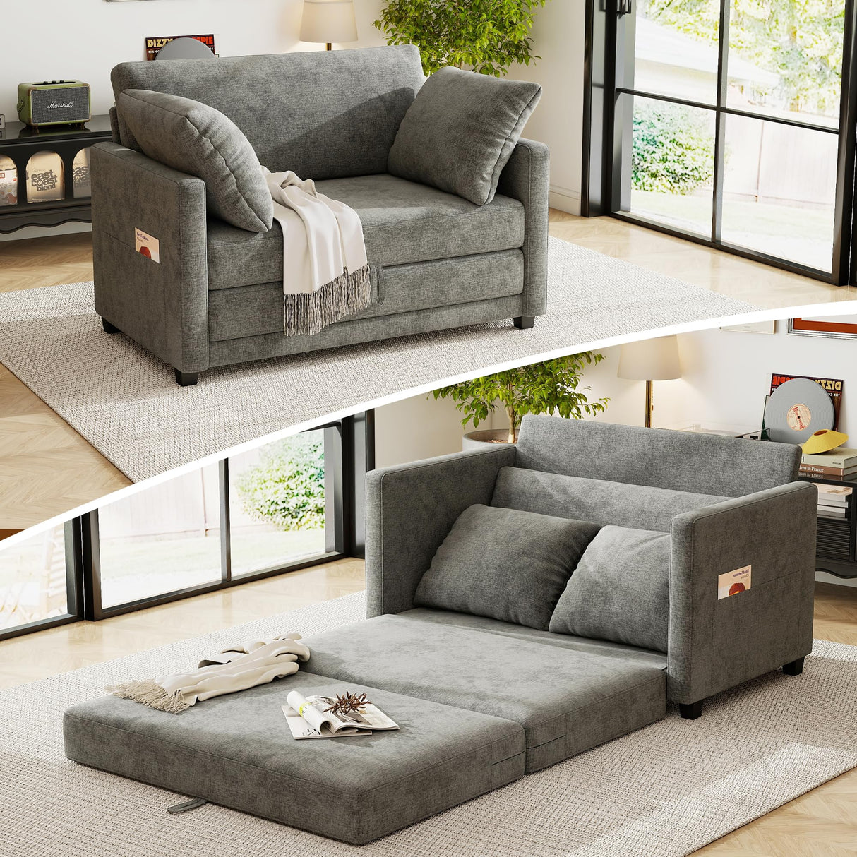 kakuboohi 51" Loveseat Sleeper Sofa Bed, Chenille Convertible Floor Sofa Bed for Small Spaces, Folding Couch Bed with Deep Seat, 2 Pillows & Solid Frame, Pull Out Floor Couch for Living Room, Grey kakuboohi