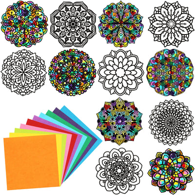Gueevin 36 Sheet Mandala Window Clings Color Your Own Stained Glass Window Cling Arts and Crafts DIY Kit with Colorful Cotton Paper Contact Paper Crafts for Adults Kid Teen, 6 x 6 Inch