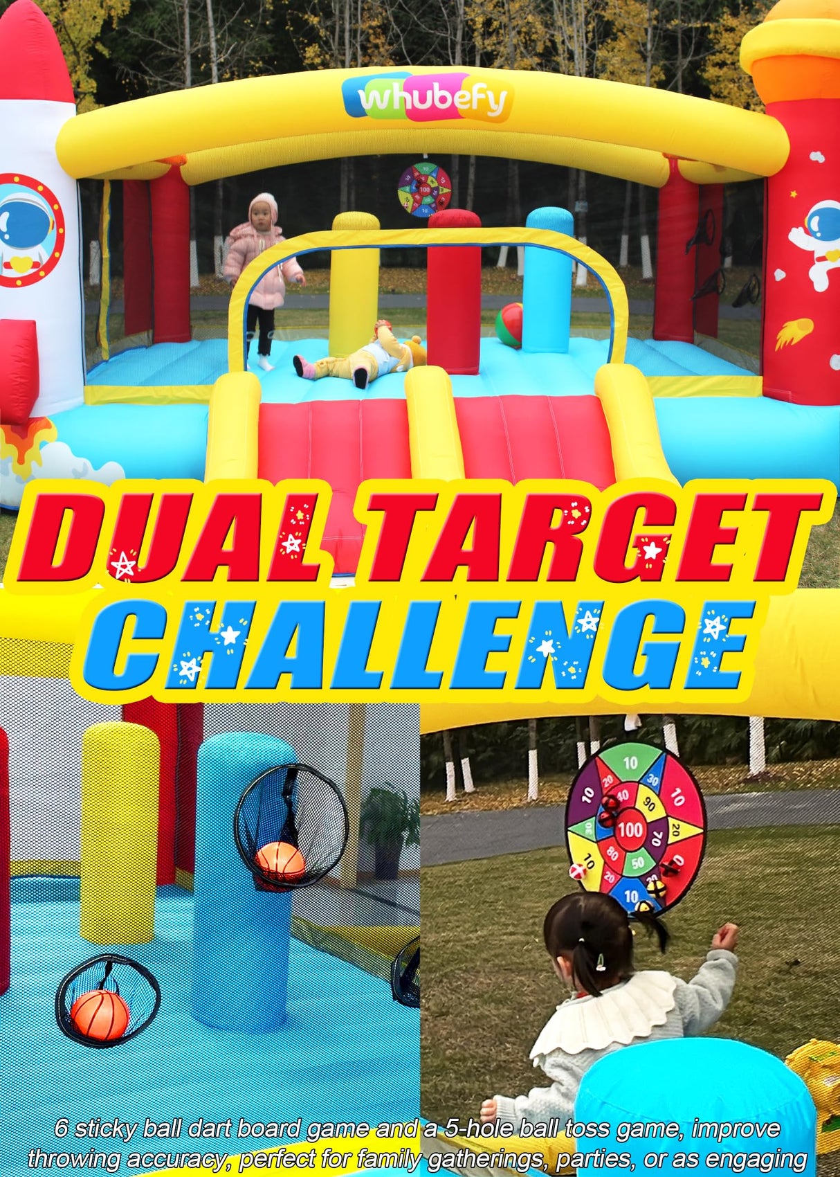 Whubefy Inflatable Bounce House for Big Kids 3-12 with Double Racing Slide & 3 Punching Bag Obstacle Course | Large Space Rocket Blow Up Bouncy Castle 13.1x11.2x7.1ft w/Blower, Indoor Outdoor Fun 8-12 Whubefy