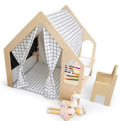 Avenlur Flair Montessori Style Wooden 5 in 1 Indoor Playhouse Play Tent with Desk Table, Chair, Chalkboard, Floor Cushion and Curtain Shades for Babies, Toddlers, Kids (Large, Windowpane)