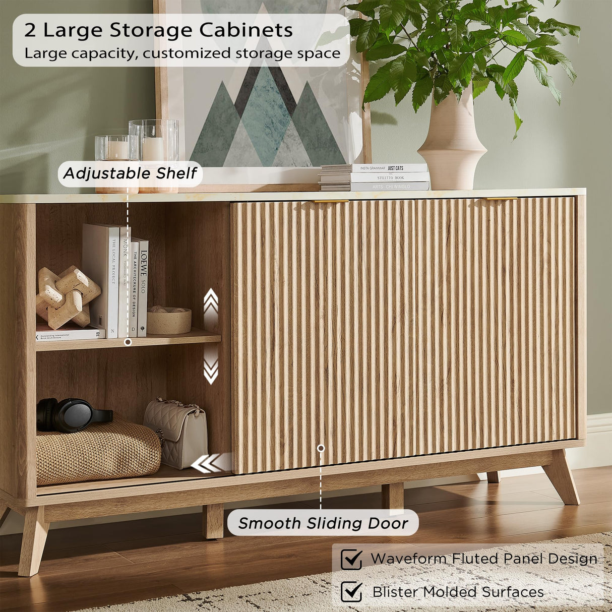 T4TREAM 60" Fluted Dresser with Sliding Doors and 4 Drawers, Modern Chest w/Faux Marble Top, Curved Profile Design, Dresser TV Stand, Wood Drawer Organizer for Bedroom, Living Room, Natural Oak T4TREAM