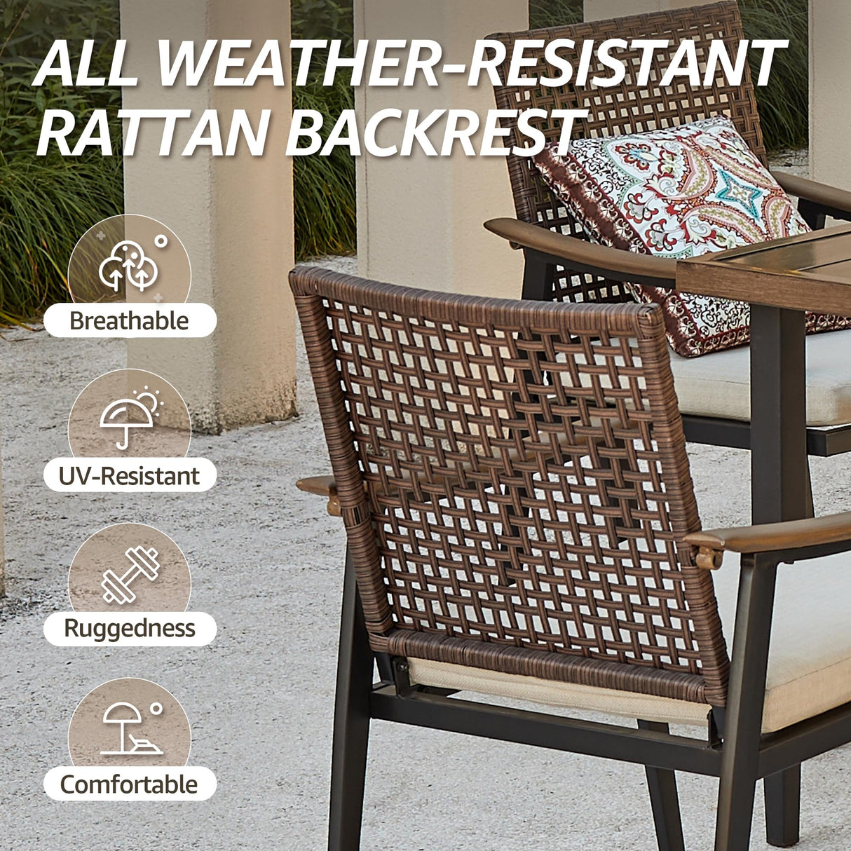 NATURAL EXPRESSIONS 7 Piece Patio Dining Table Outdoor Furniture Set, 6 Rattan Wicker Chairs with Cushions and 70” Large Dining Table with 1.65'' Umbrella Hole for Patio, Garden, Porch, Pool Beige NATURAL EXPRESSIONS