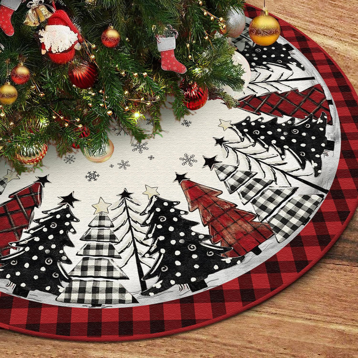 DISENB Christmas Tree Skirt 48 Inch, Red and Black Buffalo Plaid Xmas Tree Skirt, Winter Christmas Tree Mat for Home Party Holiday Indoor Outdoor Decorations DISENB
