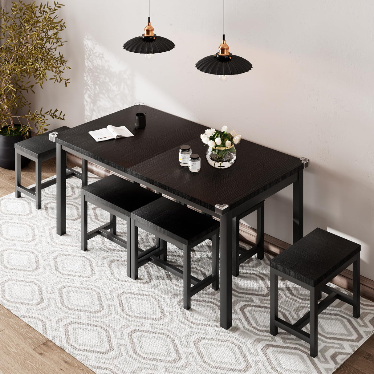 iPormis 7-Piece Dining Table Set with 6 Stools, 63" Extendable Kitchen Table Set for 4-8, Modern Dining Room Table with Sturdy Metal Frame, Space-Saving Dinette, Black iPormis