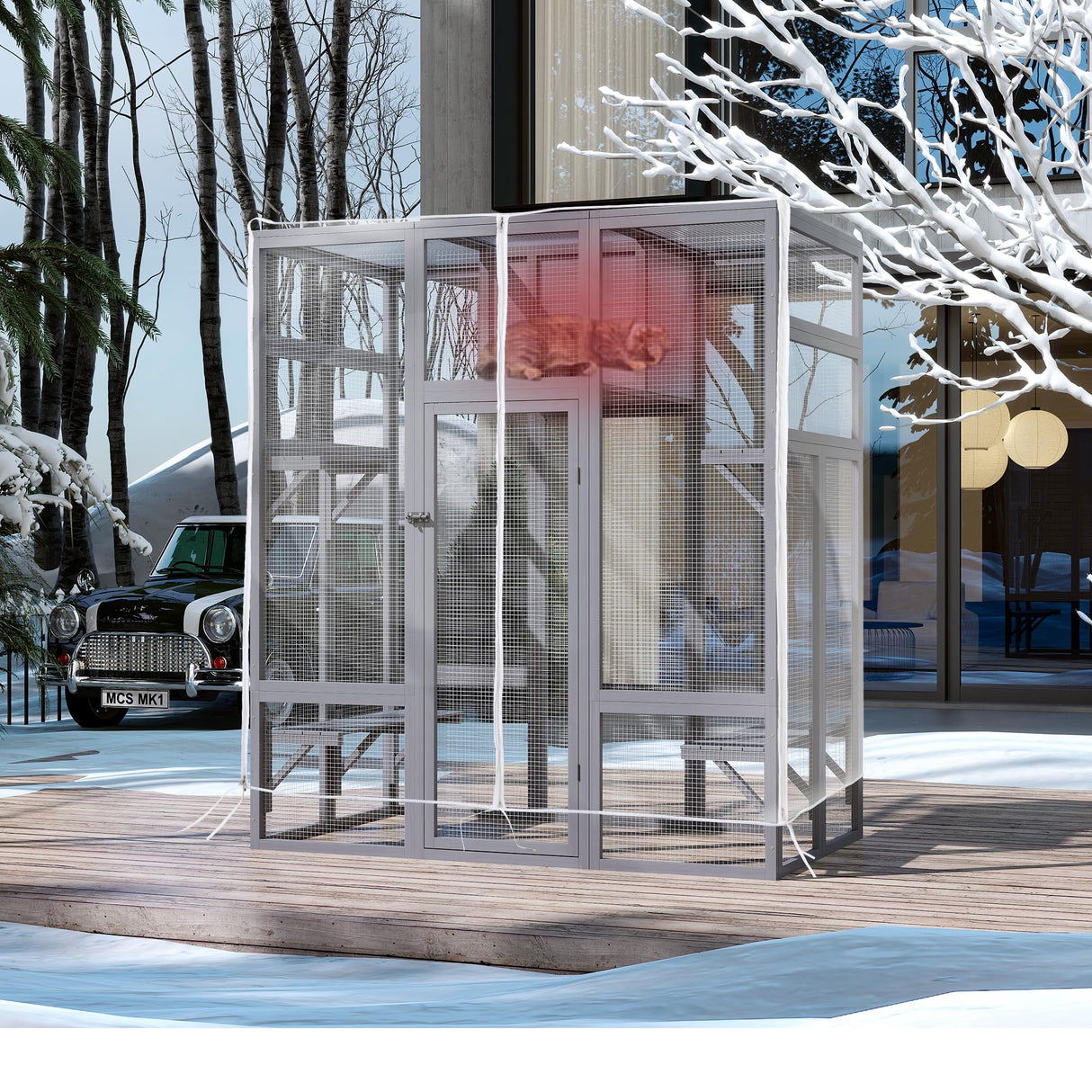 COZIWOW Upgraded Extra Large Cat Catio Equipped 4-Way Pet Door, Outdoor Wood Kitty Cage House with Insulation Condo, Patio Window Attach Cat Enclosure Playpen w/Weatherproof PVC Cover, Gray COZIWOW