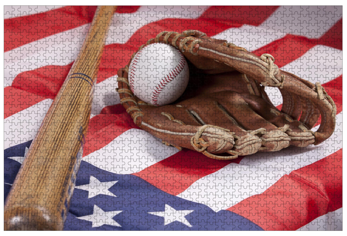Baseball and Glove on American Flag 1000 Pieces Wooden Jigsaw Puzzles Personalized Photo Puzzle for Adults Friends Picture Puzzle Gifts for Wedding Birthday Valentine's Day Home Decor FANGKISSU