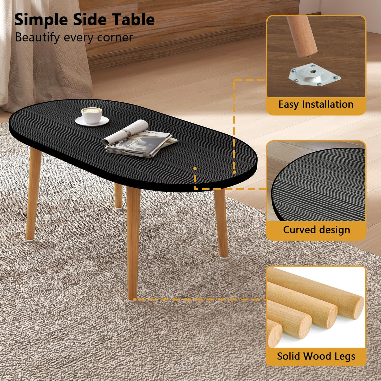 Funecy Oval Coffee Table Low Table with 4 Solid Wood Sturdy Legs, Floor Table Desk for Sitting on The Floor, Storage and Living Room Furniture (Black) Funecy