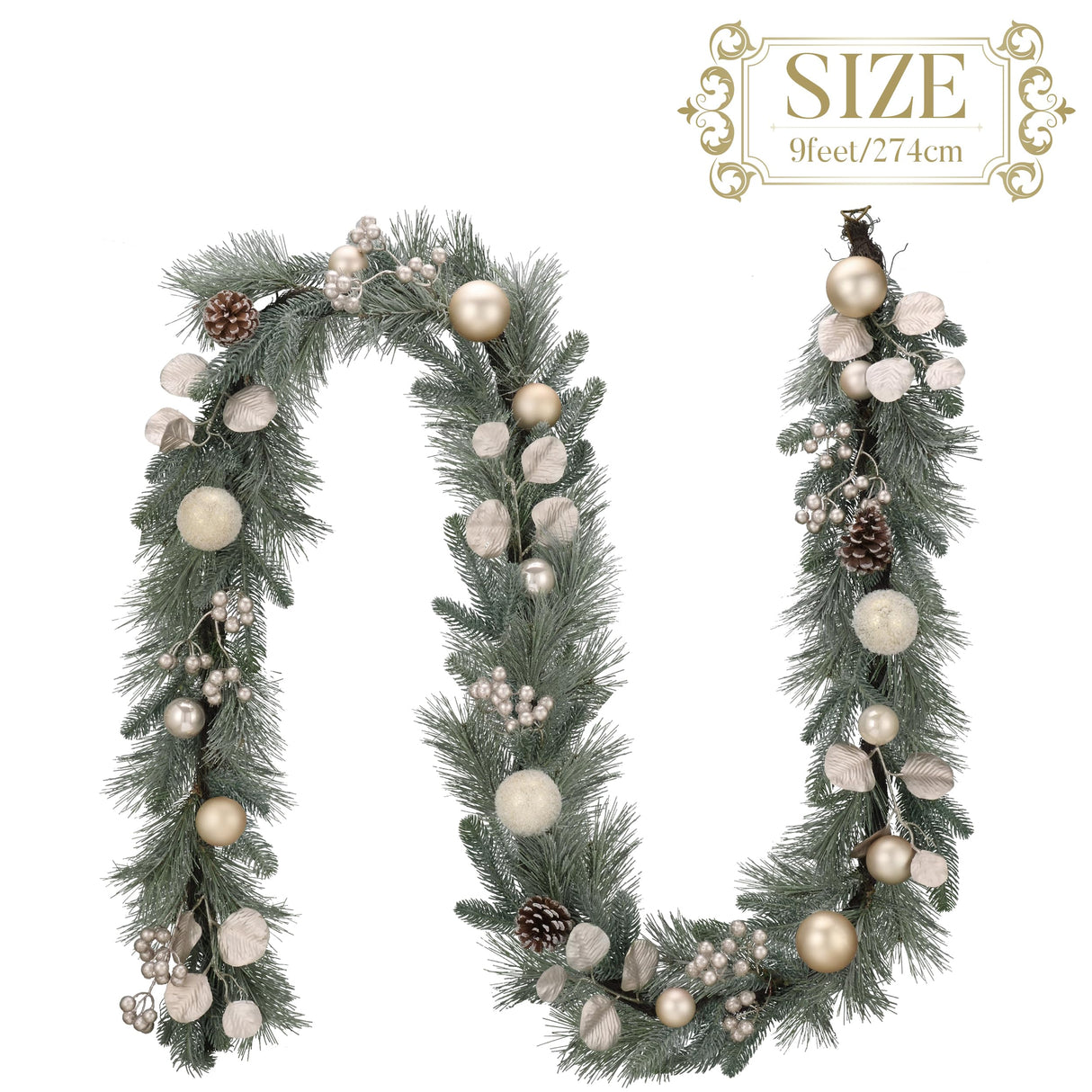 Valery Madelyn 9 feet Pre-Lit Christmas Garland with Lights for Mantle, Lighted Battery Operated Xmas Garland with White Gold Ball for Front Door Fireplace Table Centerpiece Outdoor Window Home Decor Valery Madelyn