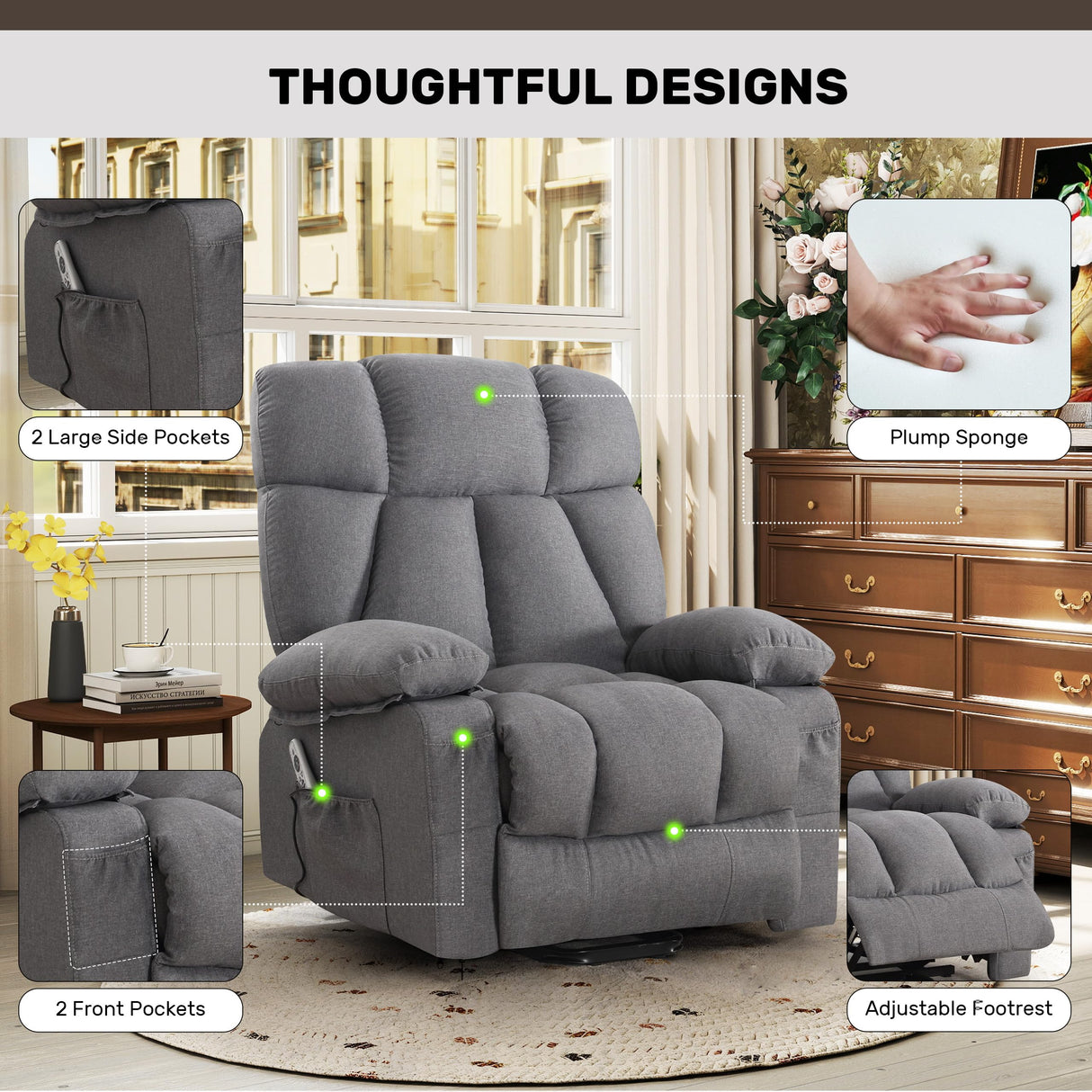 Oversized Power Lift Recliner Chair with Vibration Massage&Heat for Elderly,Classic Upholstered Breathable Fabric Lounge Chair with Side Pockets,USB Charge Port for Living Room,Only One Package Grey Sofetura