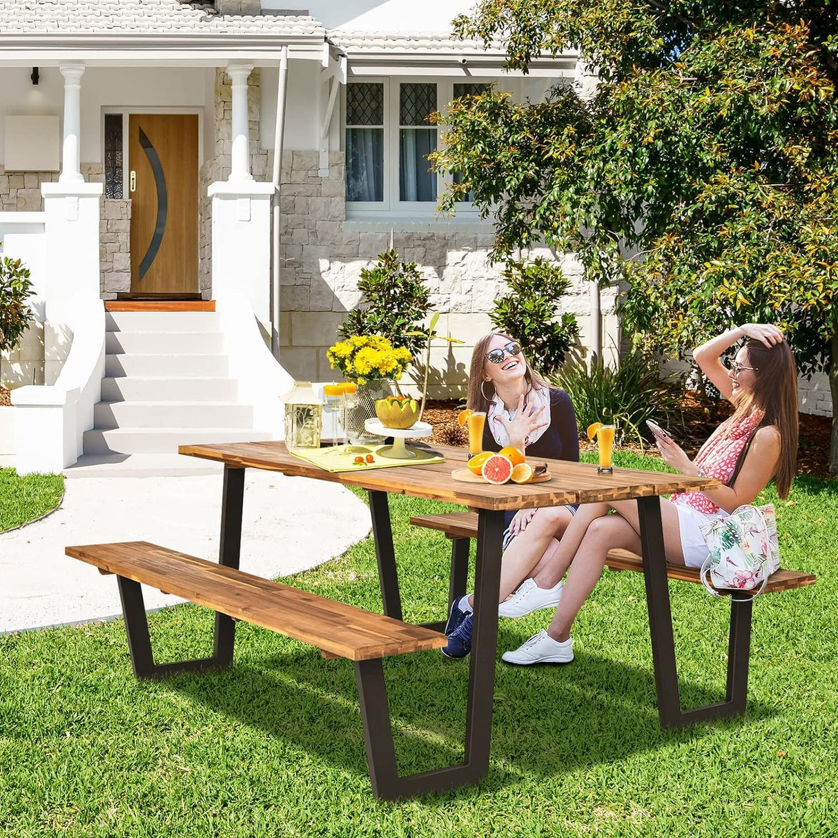 LDAILY Picnic Table, 70’’ x 30’’ Outdoor Wood Dining Table Set with Bench, 2" Umbrella Hole, 1600 LBS Max Load, Metal Frame Picnic Tables for Outdoors 6-8 Persons in Party, Garden, Yard, Patio, Lawn LDAILY