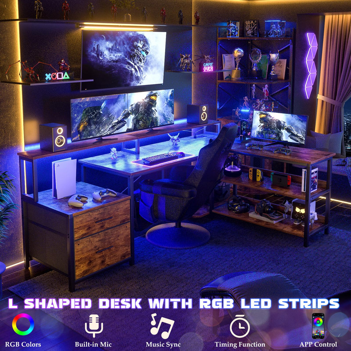 Aheaplus L Shaped Desk with File Drawer, 66" Reversible L Shaped Computer Desk with Power Outlet & LED Strip, Gaming Desk with Monitor Stand, Office Desk Corner Desk with Storage Shelf, Rustic Brown Aheaplus