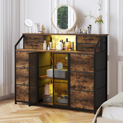 LUMTOK 10 Drawers Dresser, Drawer Dressers with Shelves, Door, Power Strip and LED Lights for Bedroom Living Room, Entryway, Closets (Rustic Brown)