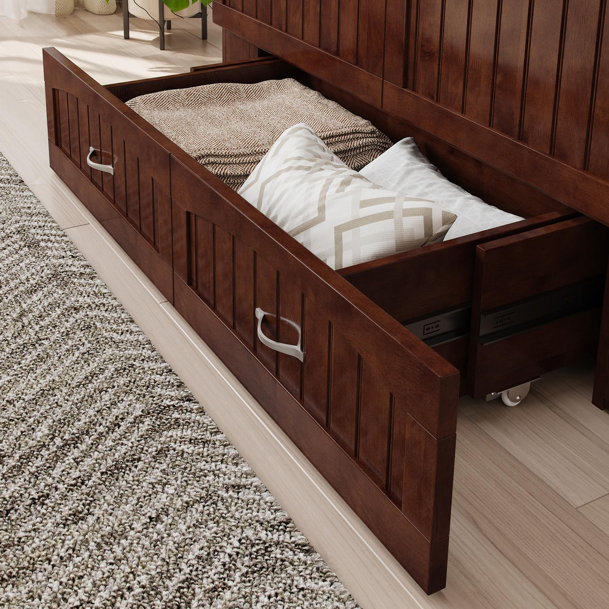 AFI, Southampton Murphy Bed Chest Full with 6" Mattress, Built-in USB Charger & Storage Drawer, Walnut AFI
