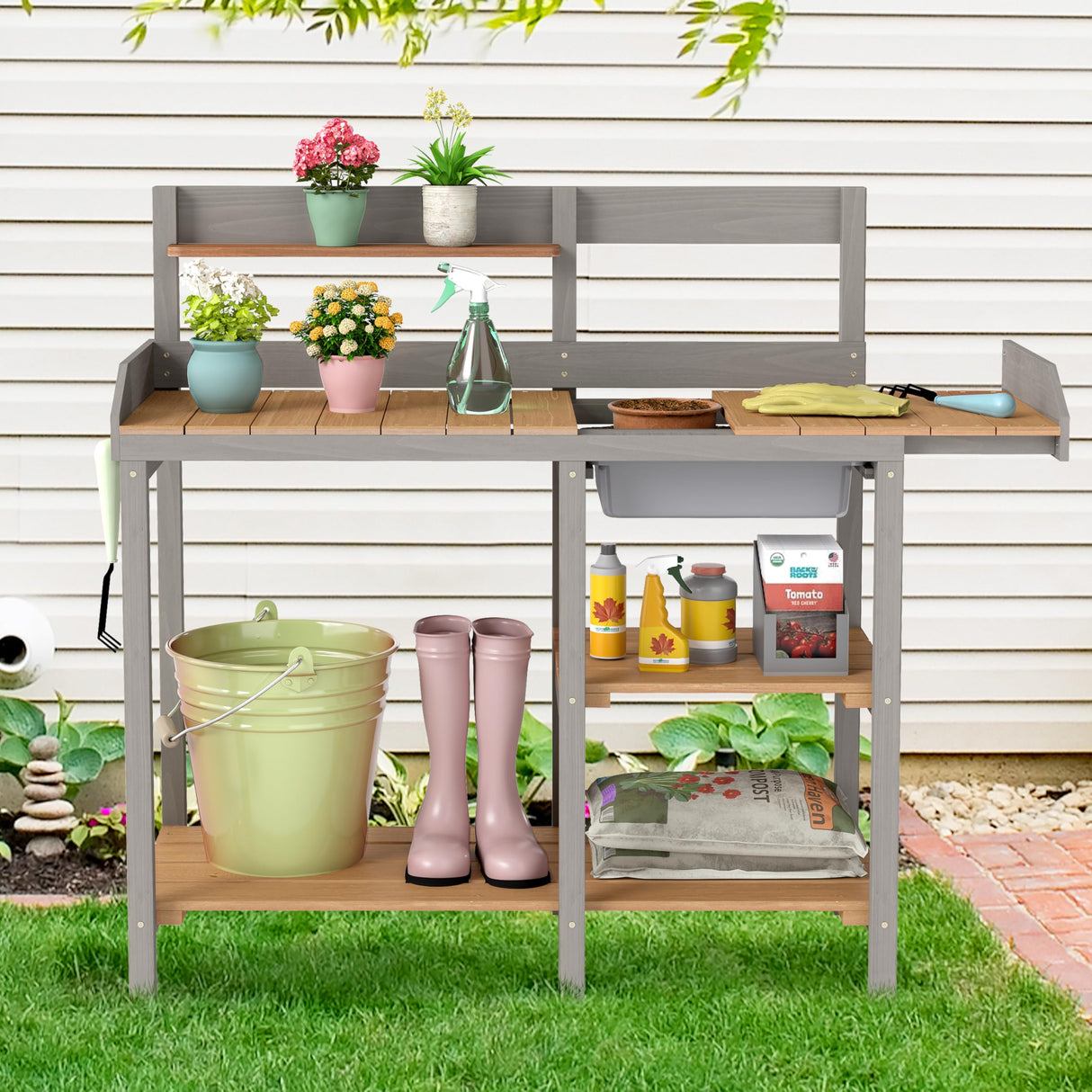 Wooden Potting Bench Table with Sink, Outdoor Garden Table Work Bench with Shelf, Workstation for Outside Patio Lawn SoliWood