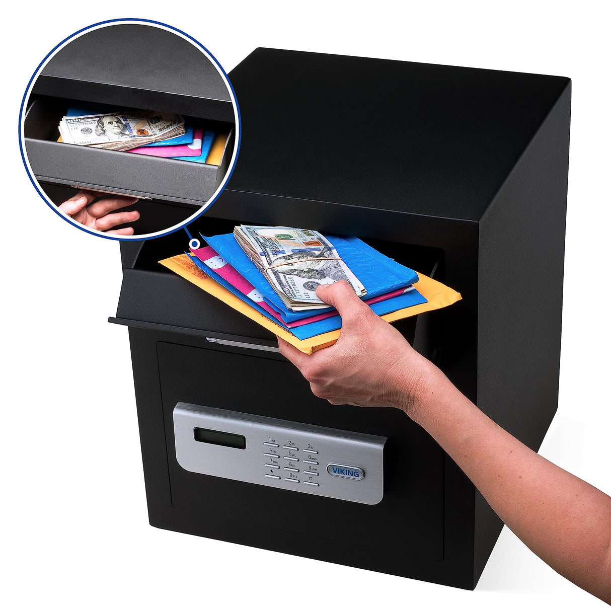 Viking Security Safe VS-40DS Heavy Duty Depository Safe with Drop Slot – Digital Keypad Money Safe for Cash, Business, Home, Office, Retail – Anti-Fish Design, LCD Display, Motorized Lock, Backup Key Viking Security Safe