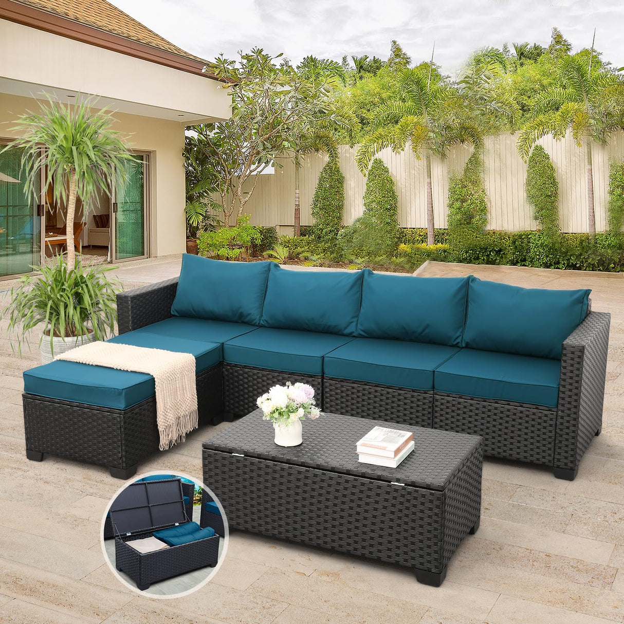 Rattaner 4 Pieces Patio Furniture Set Outdoor Sectional Wicker Patio Furniture Long Patio Couch with Ottoman and Outdoor Storage Table Weathering Rattaner