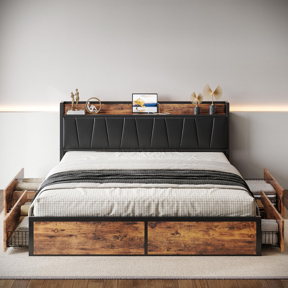 LIKIMIO King Bed Frame with 4 Storage Drawers, Platform Bed with Charged Headboard, Sturdy and Stable, No Noise, No Box Spring Needed, Easy to Install, Vintage Brown and Black LIKIMIO