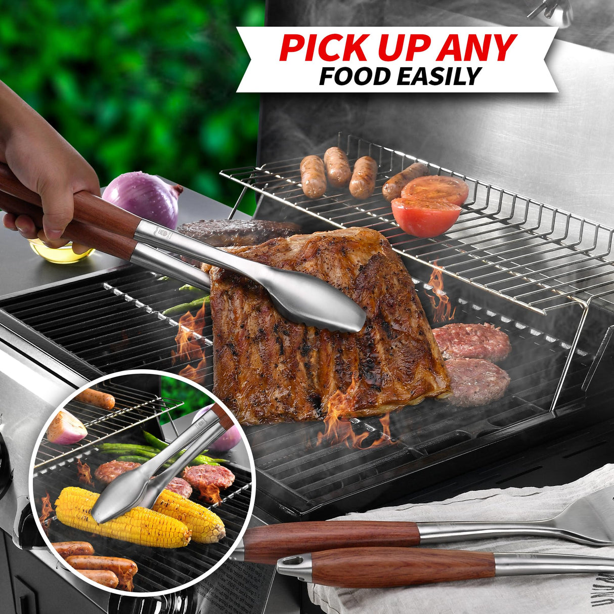 GRILAZ Heavy-Duty Rose Wooden BBQ Grilling Tools Set. Extra Thick Stainless Steel Multi-Function Spatula, Fork & Tongs | Essential Accessories for Barbecue & Grill. Ideal Gift for Fatherโฆ GRILAZ