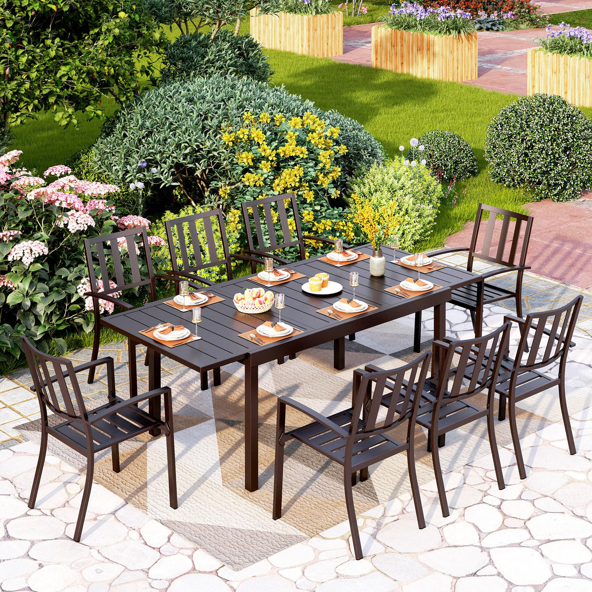 PHI VILLA 9 Piece Patio Dining Table Set, Expandable Rectangular Metal Dining Table & 8 Steel Chairs for Outdoor, Deck, Yard PHI VILLA