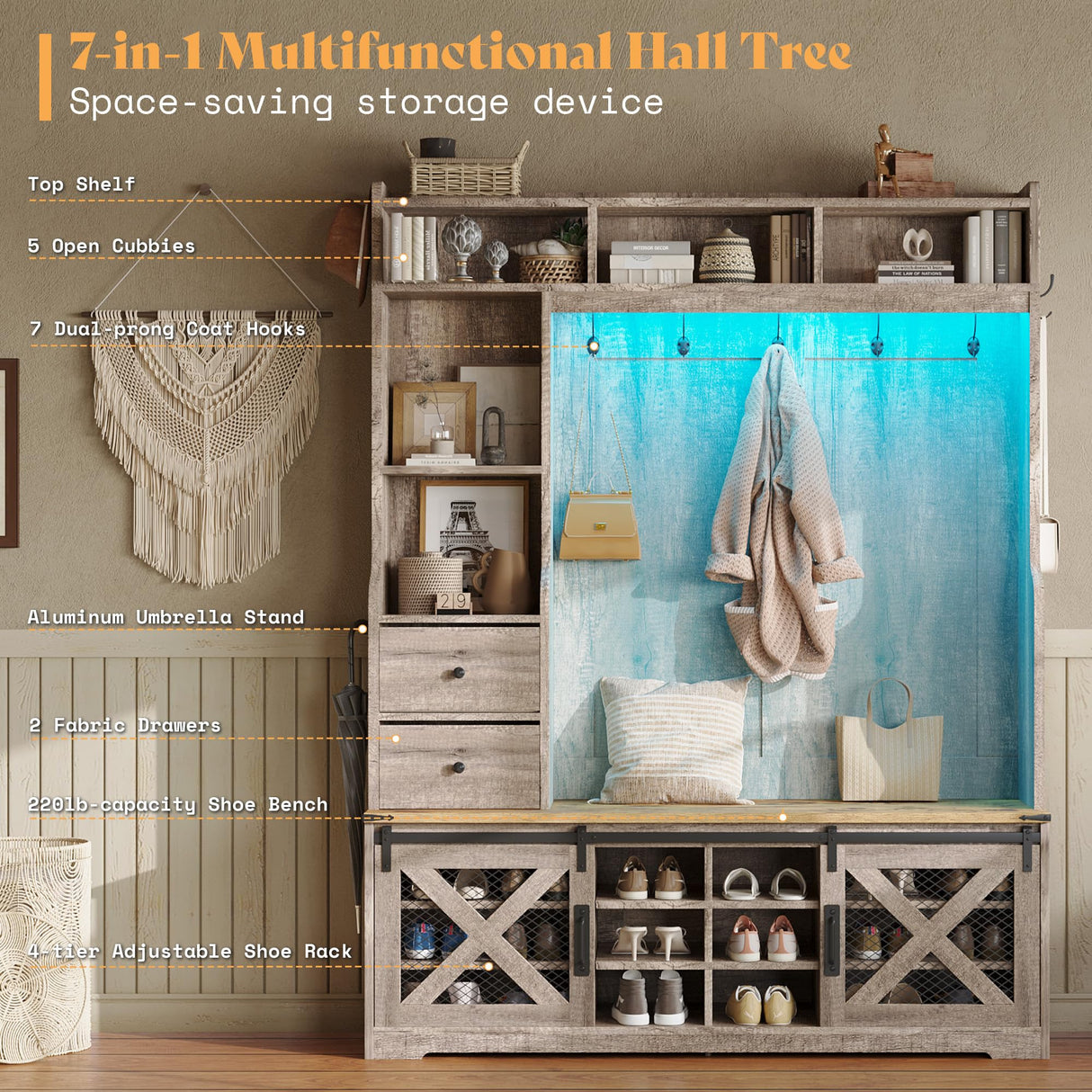 AMERLIFE 7-in-1 Farmhouse Hall Tree with Bench and Shoe Cabinet, LED Entryway Organizer with Drawers,12 Shoe Cubbies & Barn Doors, 7 Coat Racks with Shoe Storage, Rustic Gray AMERLIFE