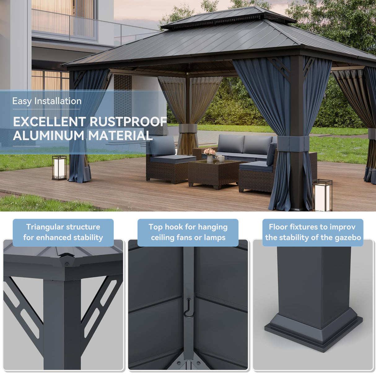 Kurapika 12' x 16' Hardtop Outdoor Metal Gazebo with Galvanized Steel Double Roof Canopy, Curtain and Netting, Aluminum Permanent Pavilion Gazebo, Navy Blue Kurapika