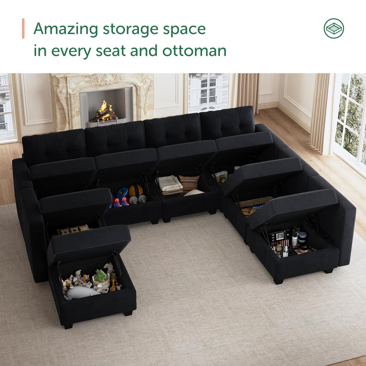 HONBAY Modular Sectional Sofa with Storage Ottomans Oversized U Shaped Couch with Chaises 8-Seater Sectional Sofa for Living Room, Black HONBAY