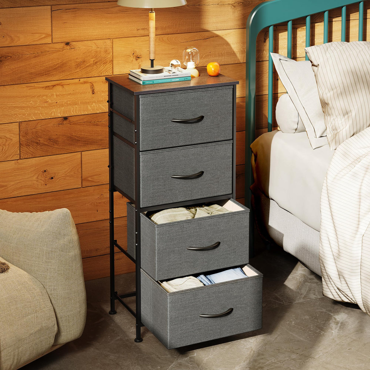 WLIVE Dresser with 4 Drawers, Storage Tower, Organizer Unit, Fabric Dresser for Bedroom, Hallway, Entryway, Closets, Sturdy Steel Frame, Wood Top, Easy Pull Handle, Dark Grey WLIVE
