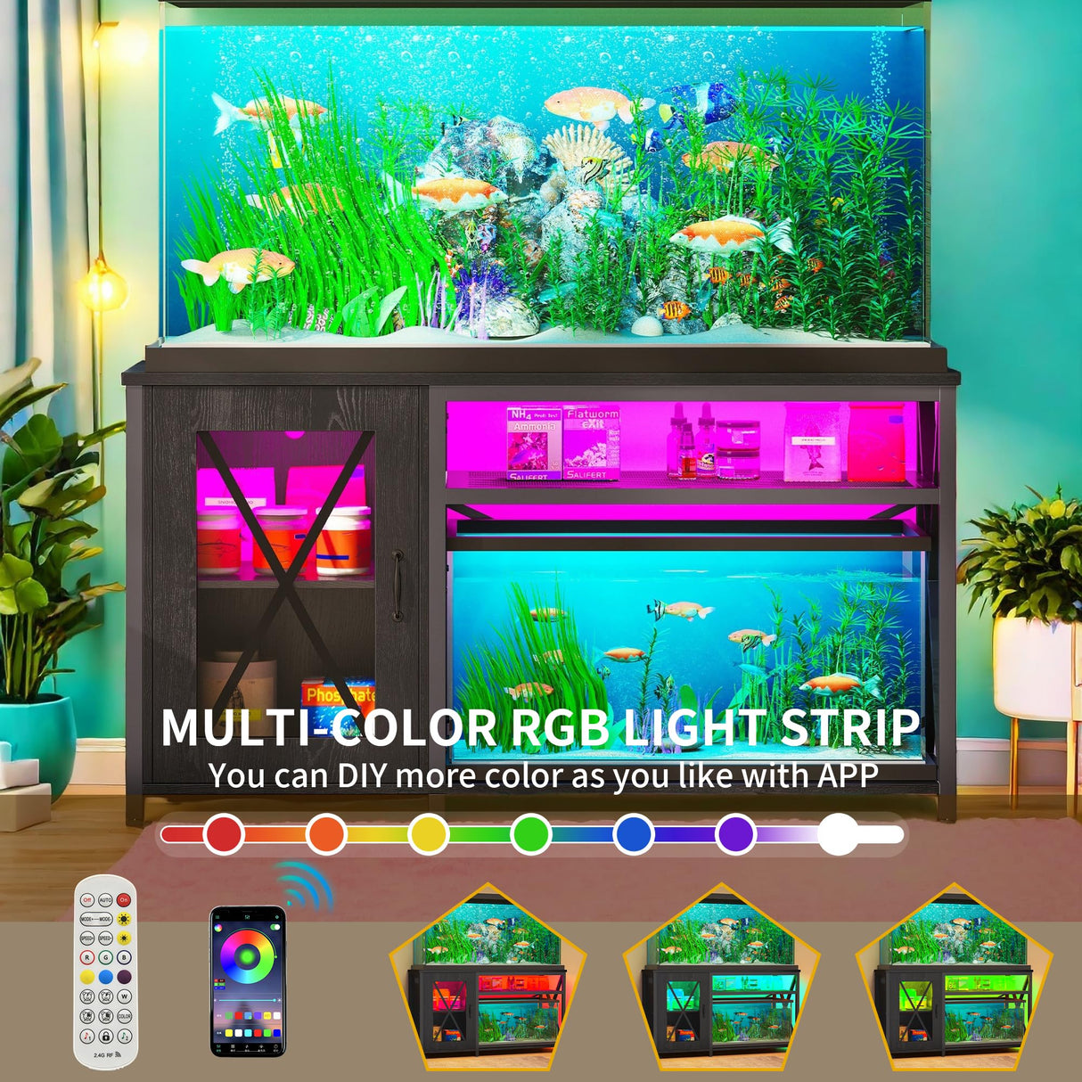 YITAHOME Fish Tank Stand with Power Outlets & LED Light, 55-75 Gallon Metal Aquarium Stand with Cabinet for Fish Tank Accessories Storage for Turtle Tank, Reptile Terrarium, 860LBS Capacity, Black YITAHOME