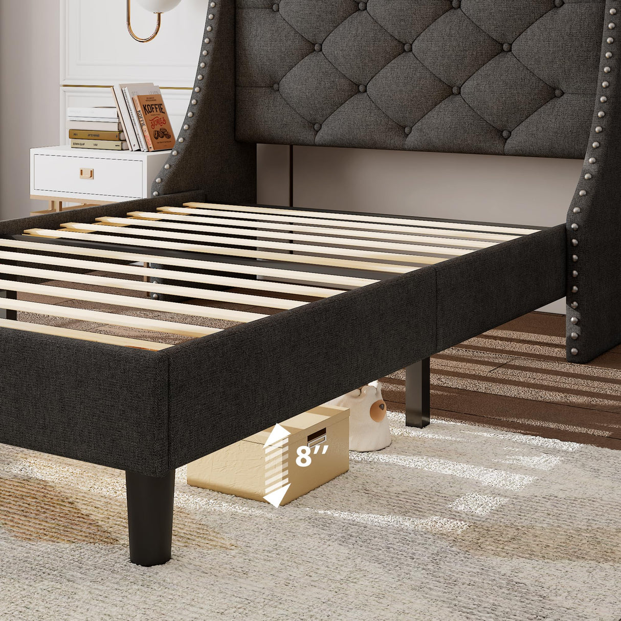 Feonase Twin Bed Frames with Luxury Wingback and Fast Charging Station,Twin Size Upholstered Button Tufted Storage Headboard Platform Bed,Sturdy Wooden Slats Support,Noise-Free,Easy Assembly,Dark Gray Feonase