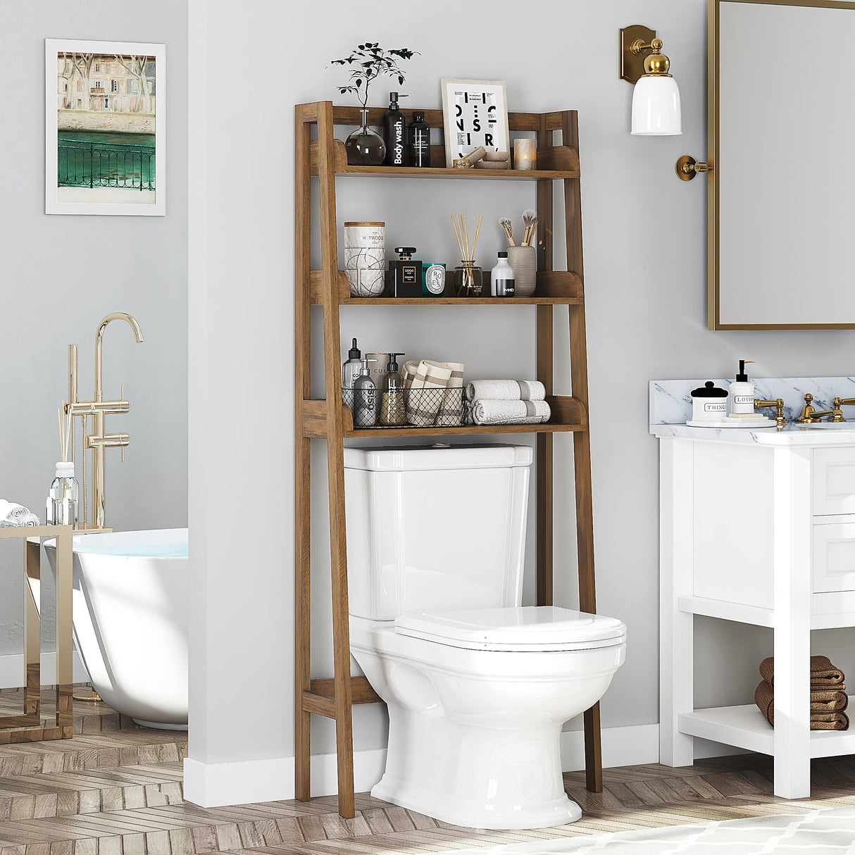 UTEX 3-Tier Over Toilet Storage Shelf - Stylish Wood Grain Bathroom Organizer UTEX