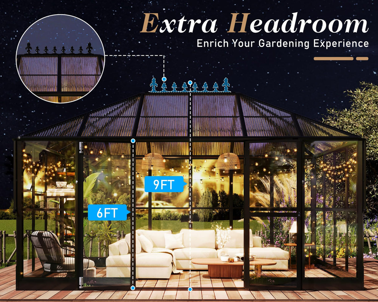 HOWE 14x9.5x9 FT Pavilion Styled Greenhouse with Clear Panels Double Swing Doors, 6 FT Wall Height Hybrid Polycarbonate Greenhouse, Green Houses for Outdoors, Sunroom Black HOWE