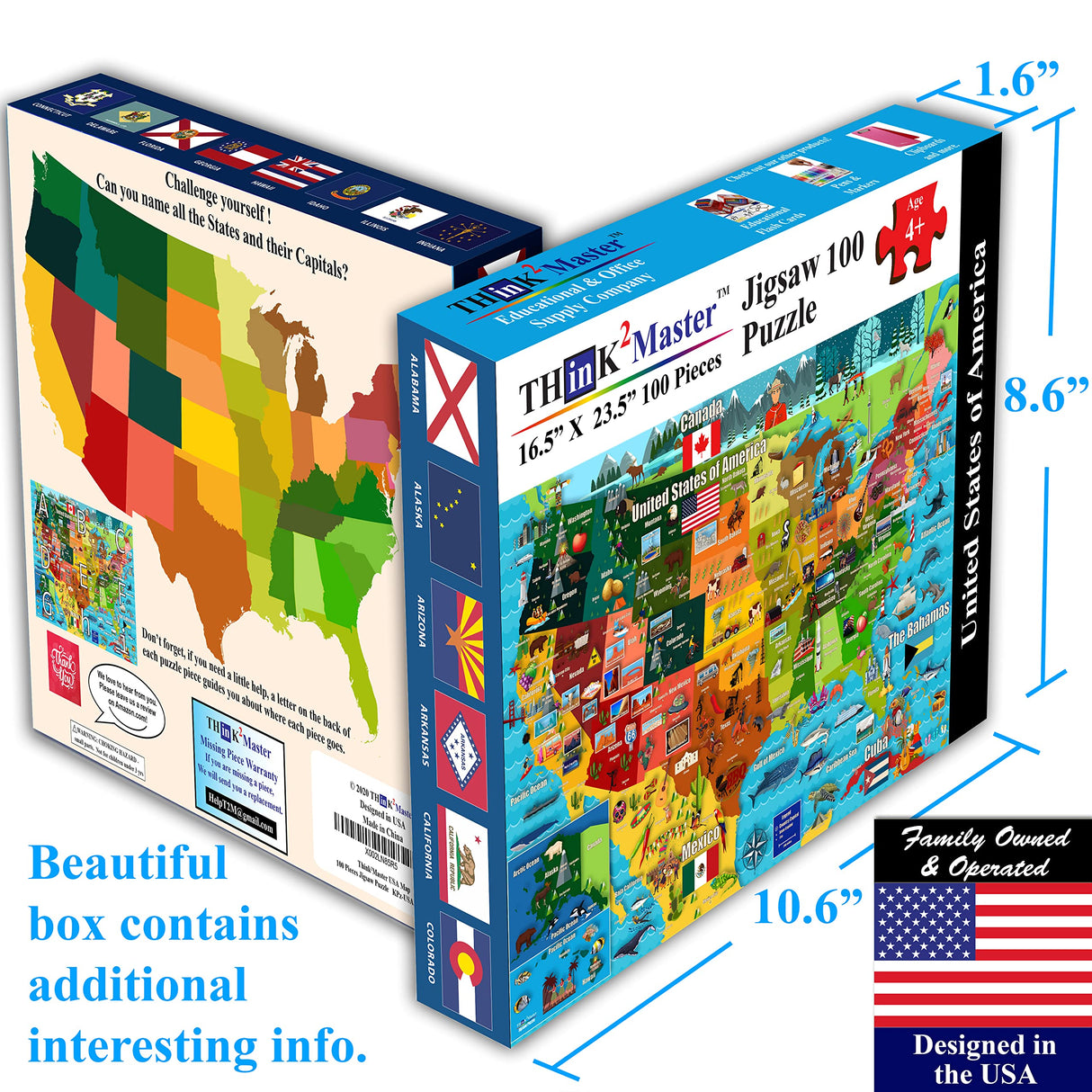 Think2Master Colorful United States Map 100 Pieces Jigsaw Puzzle Fun Educational Toy for Kids, Adults, School & Families. Great Gift for Boys & Girls Ages 4-8 to for Learning USA.23.4” X 16.5” THINK2MASTER