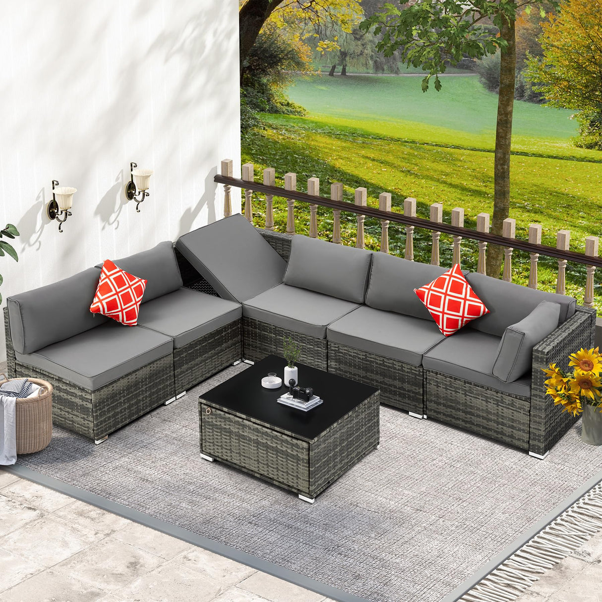 HOMREST 7 Piece Patio Furniture Set with Adjustable Bracket All-Weather Wicker Conversation Set with Coffee Table for Porch Garden Backyard (Gray) HOMREST