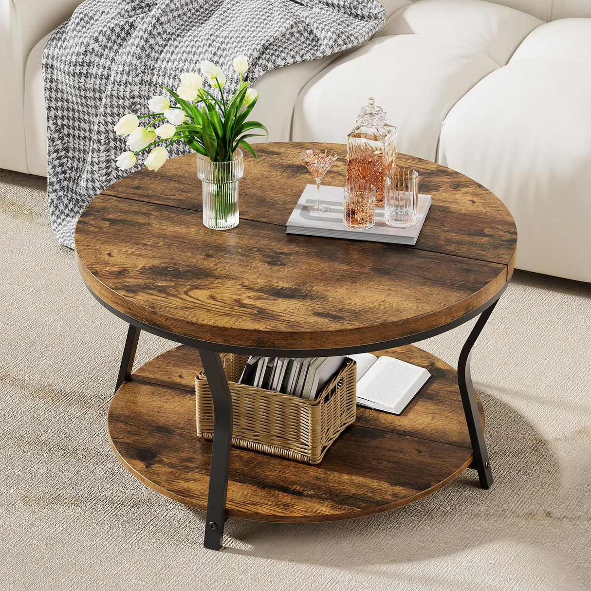 Round Coffee Tables for Living Room, Circle Wood Coffee Table, 2 Tier Industrial Modern Center Table with Thickened Tabletop and Metal Frame, 31.5 inch (Rustic Brown) AntsandAnts