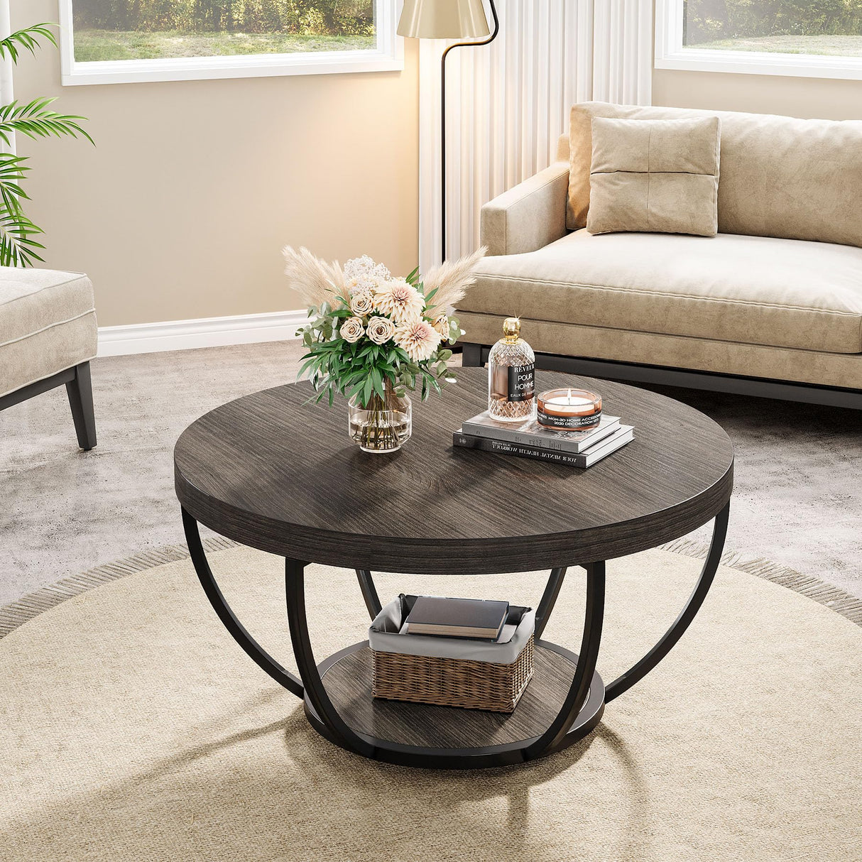 Tribesigns Round Coffee Table, 31.7" Wooden 2-Tier Circle Coffee Table with Storage Shelves, Modern Accent Cocktail Table Center Table for Living Room, Grey