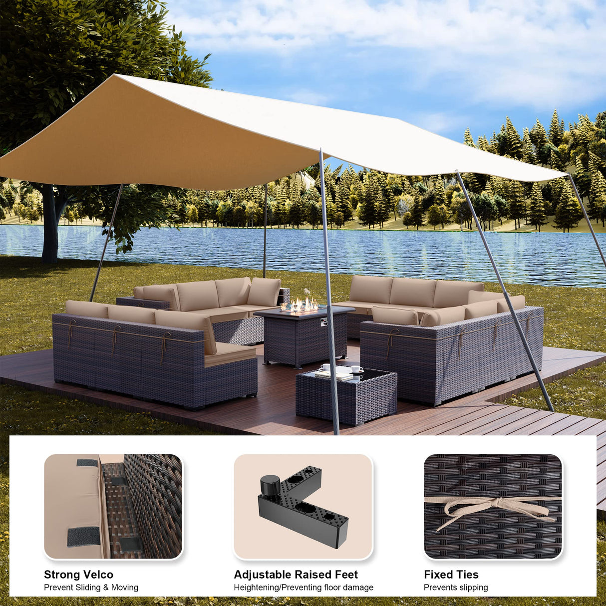 Kullavik 15 Pieces Outdoor Patio Furniture Set with 43" 55000BTU Gas Propane Fire Pit Table PE Wicker Rattan Sectional Sofa Patio Conversation Sets,Khaki Kullavik