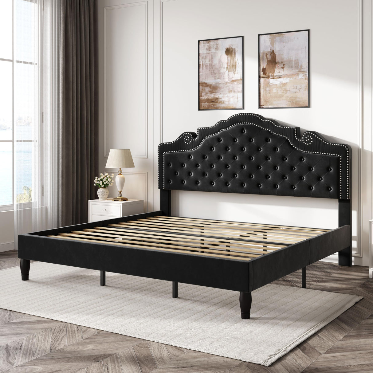 SHA CERLIN King Size Platfrom Bed Frame with Adjustable Headboard/Velvet Upholstered Diamond Button Tufted and Metal Studs/No Box Spring Needed/Easy Assembly/Wooden Slat Support/Black SHA CERLIN