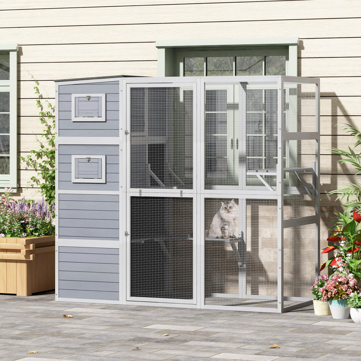 COZIWOW Large Wood Cat Catio, Outdoor Cat Enclosure with Weatherproof Roof, 2 Resting Rooms, 2 Platforms, 4-Tier Cat Playpen, 76.18" L x 33.46" W x 70.08" H, Grey COZIWOW