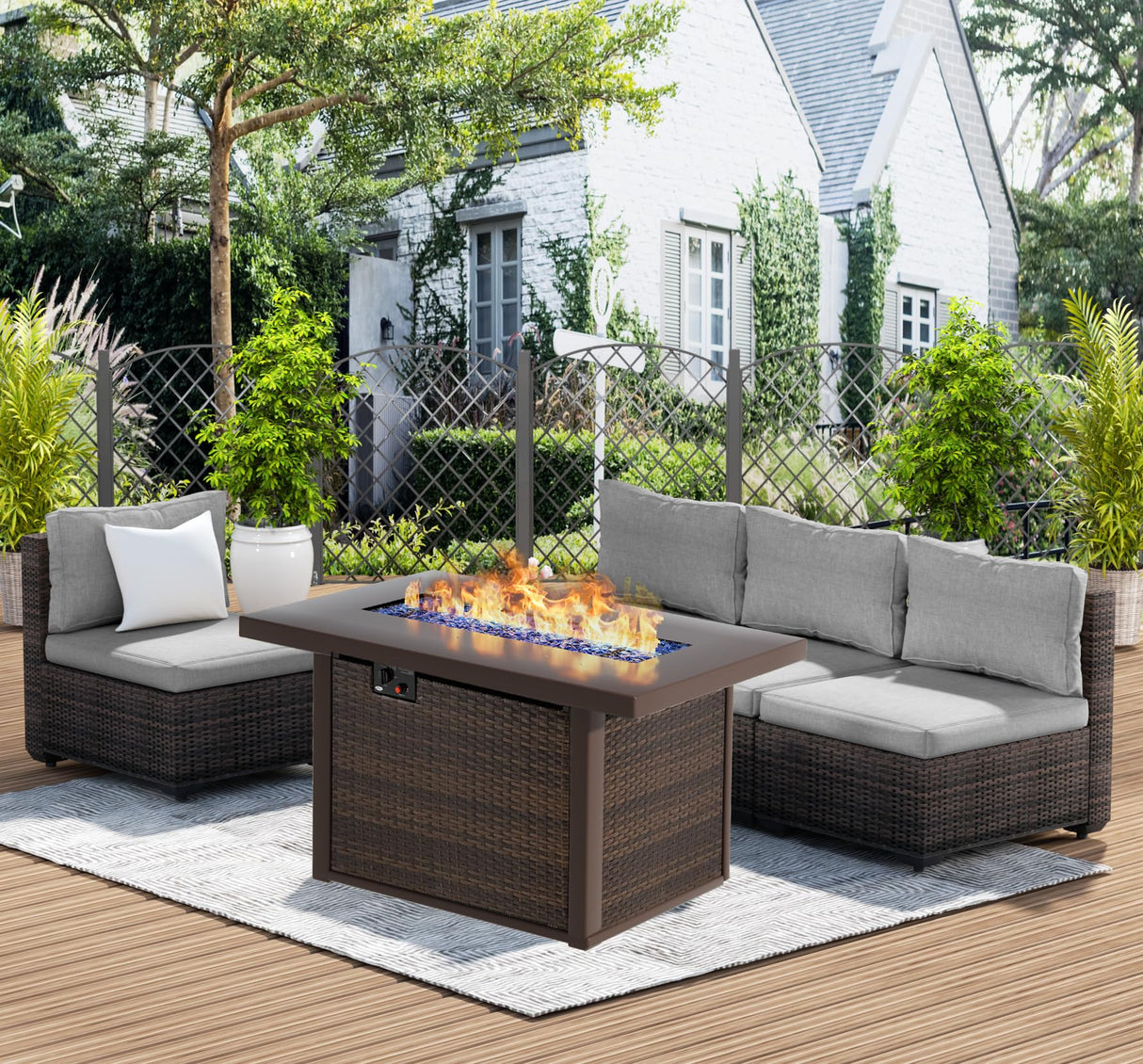 gaildon Patio Furniture Set, 5 PCS Outdoor Sectional Patio Furniture Set with 42" Fire Pit Table, Rattan Wicker Sofa Couch for Garden Backyard Deck Poolside, Grey gaildon