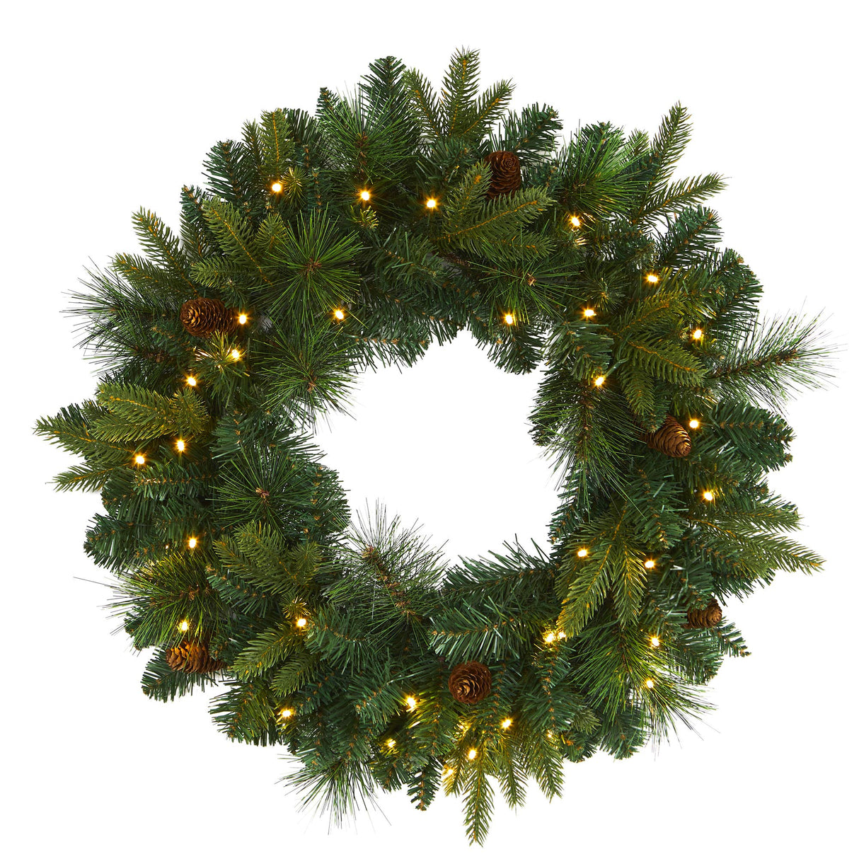 Nearly Natural 24in. Mixed Pine Artificial Christmas Wreath with 35 Clear LED Lights and Pinecones Nearly Natural