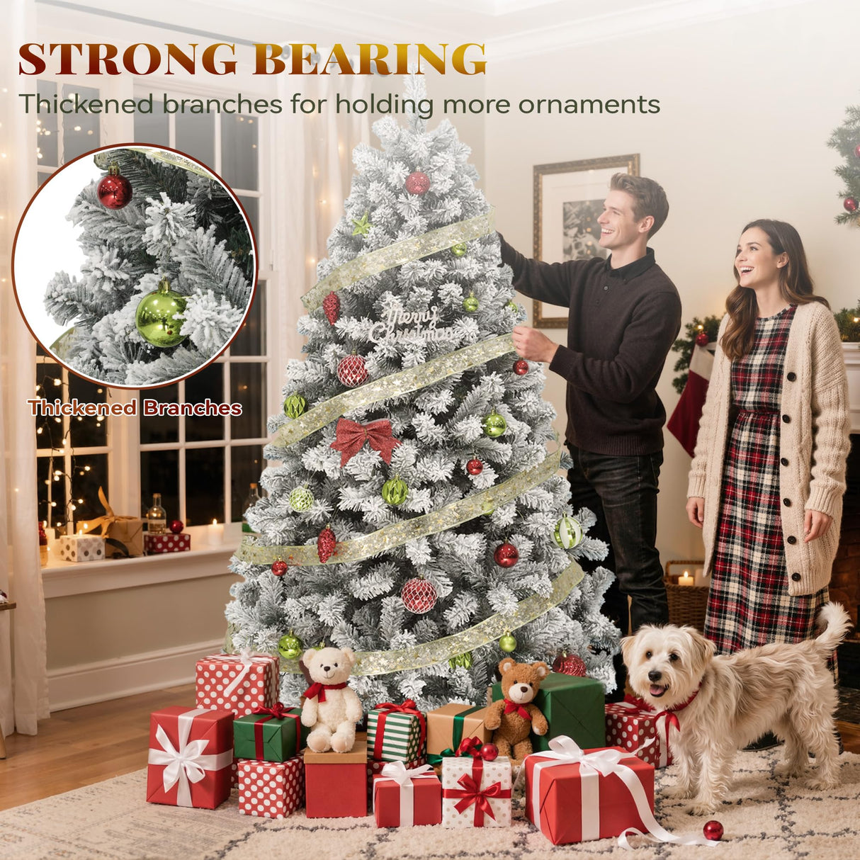 YITAHOME Snow Flocked Artificial Full Christmas Tree, Christmas Pine Tree with 880 Branch Tips, and Foldable Base for Home, Party Decoration(6ft) YITAHOME