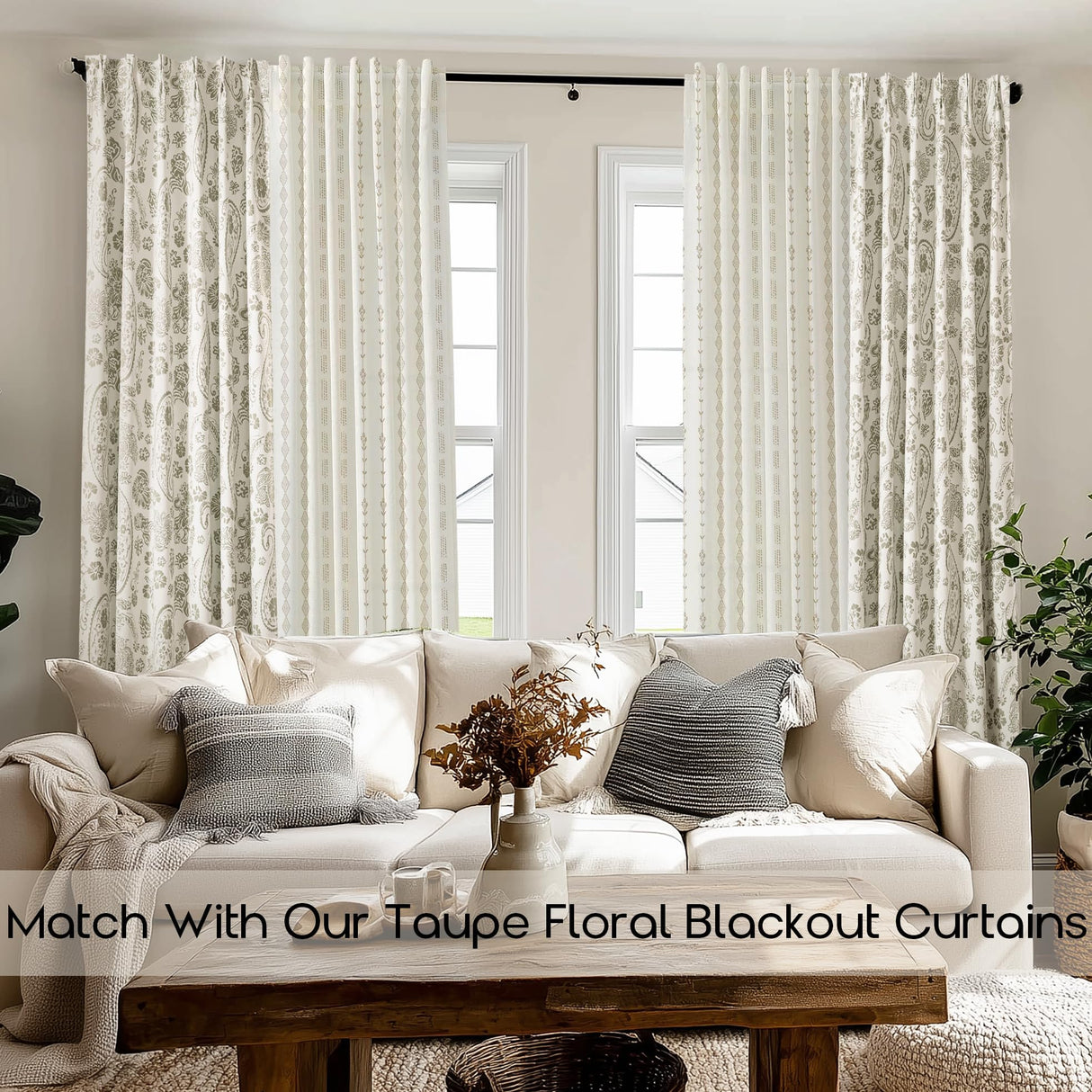 Neutral Farmhouse Curtains for Living Room 84 Inches Long,Taupe Cream Boho Light Filtering Sheer Patterned Modern Beautiful Linen Curtains with Floral Pattern Design Dining Room 84 Length 2 Panels Set Lino Rosa