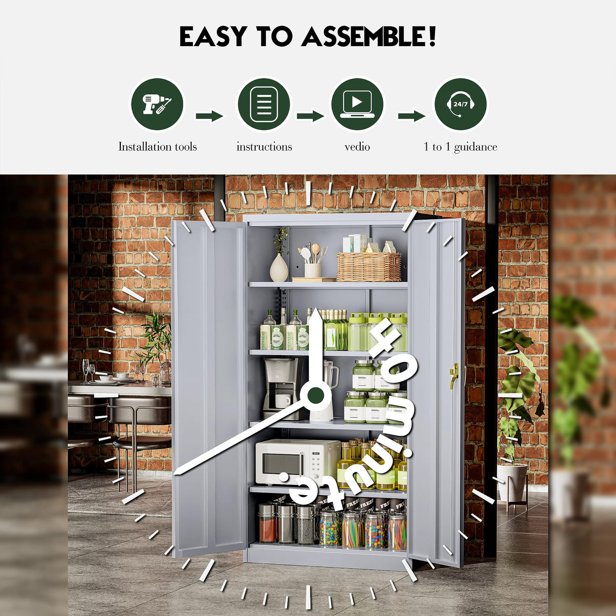 Greenvelly Metal Garage Storage Cabinet, 72” Tall Locking Steel Cabinet with 2 Doors and 4 Adjustable Shelves, Utility Metal Filing Cabinet with Lock for Home, Office, Garage, School (Dark Grey) Greenvelly