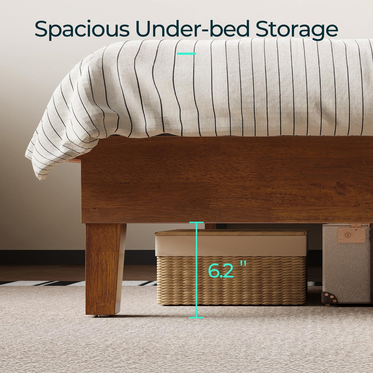 LINSY Queen Bed Frame, Wood Platform Bed Frame with headboard, Solid Wood Bed with Wood Slat Support, No Box Spring Needed, Easy Assembly, Walnut, Queen LINSY