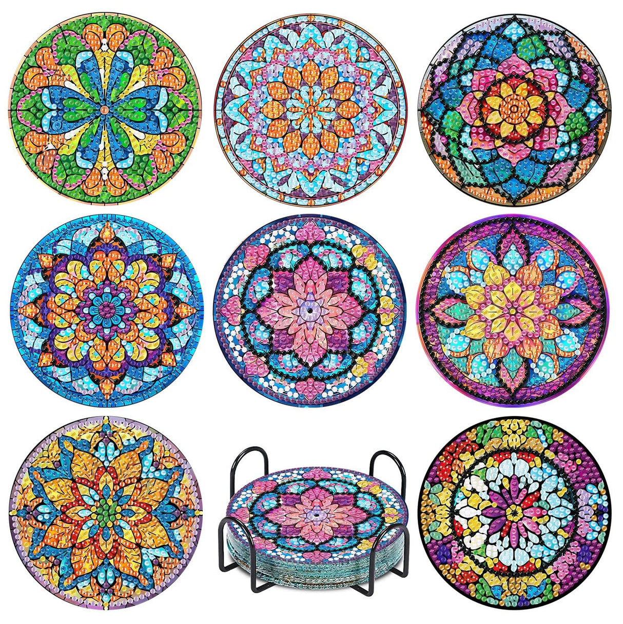 CAMOYAI 8 pcs Mandala Diamond Art Coasters Kits with Holder, Stained Glass Flowers Diamond Painting Coasters for Adults Beginners,Diamond Art Painting Kits for Gift CAMOYAI