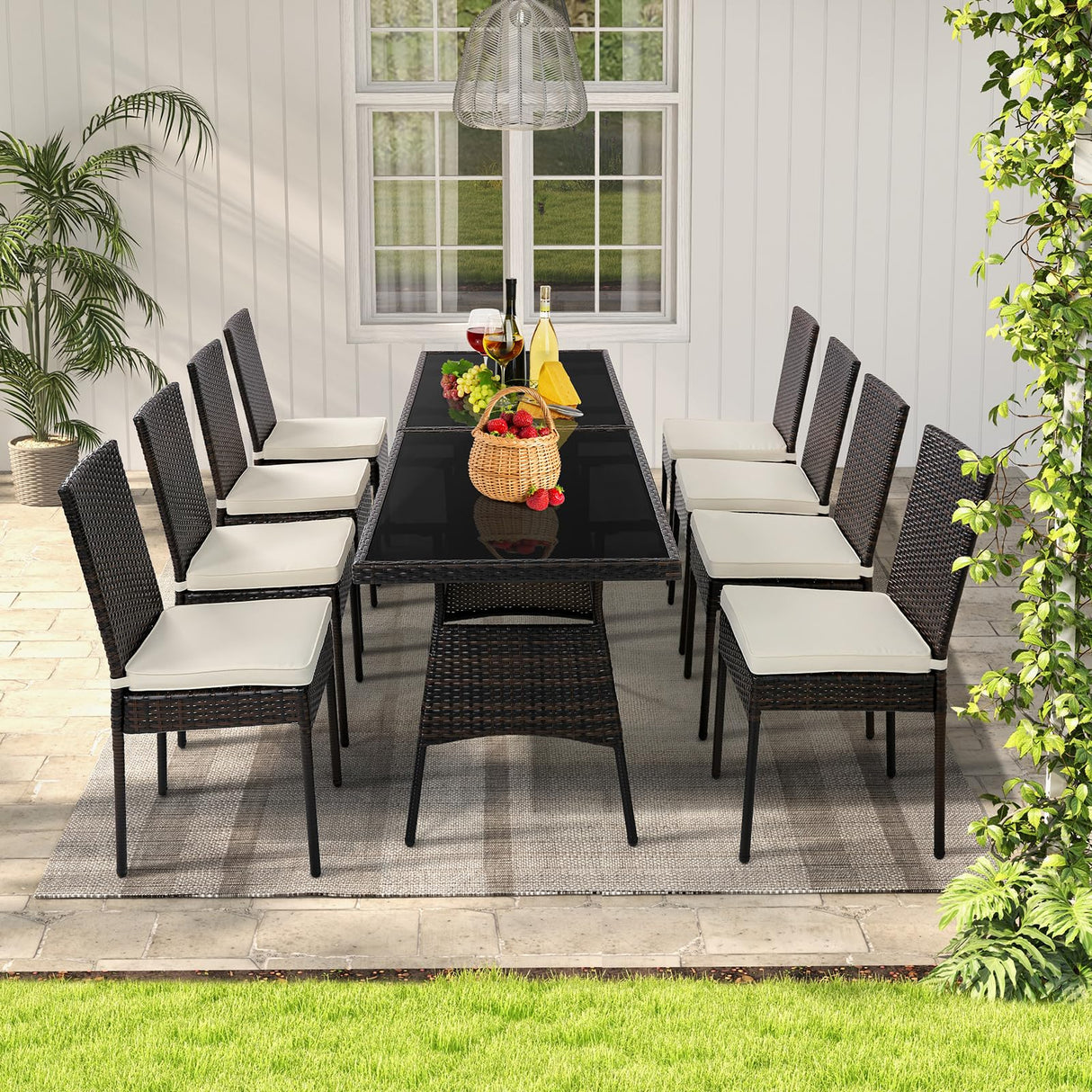 Tangkula 10 Pieces Wicker Patio Dining Set, Outdoor Rattan Table & Chairs Set with Padded Cushions, Patio Furniture Dining Glass Table Set for Balcony Patio Garden Poolside Tangkula