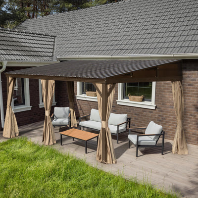 SHPAI 12’ x 16’ Lean to Gazebo, Outdoor Wall Mounted Gazebo Aluminum Frame, Hardtop Pergola with Galvanized Steel Sloping Roof for Patio Deck Garden Backyard, Curtain and Netting Included