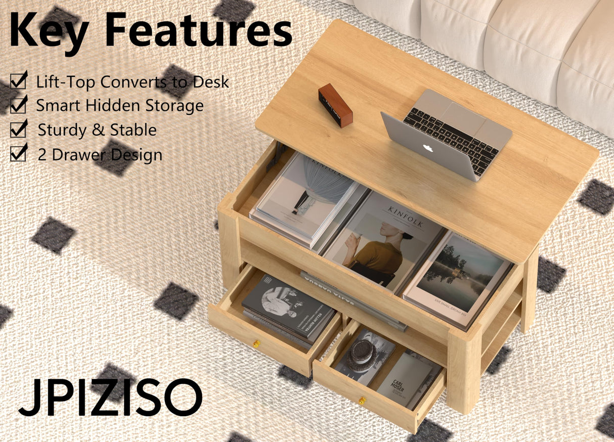 44" Lift Top Coffee Table with Hidden Storage Compartment & 2 Drawers, Spacious Convertible Table, Effortless Hydraulic Lift Top, Modern Rustic Design for Living Room & Home Office, Natural Oak Jpiziso